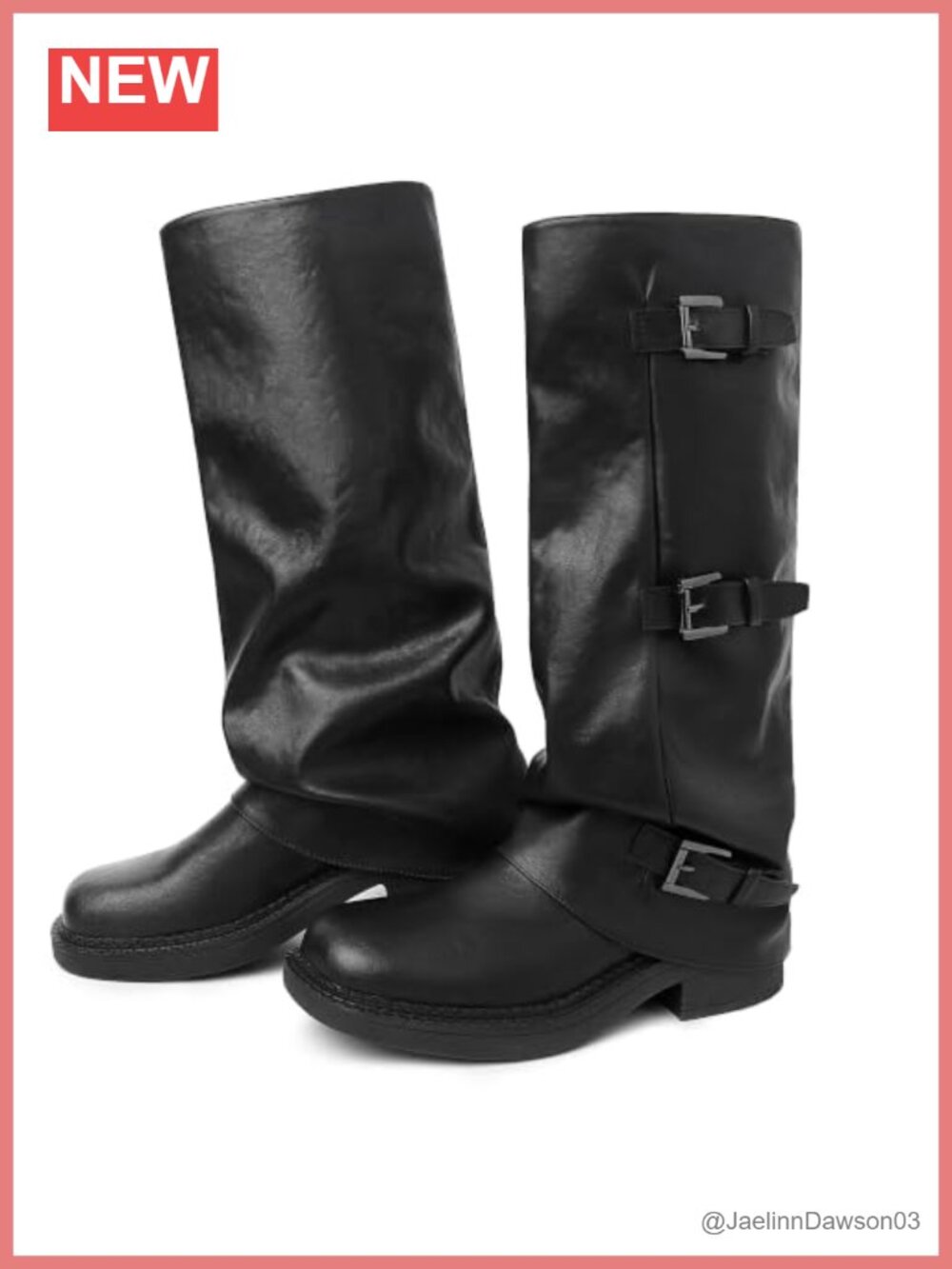 Fold Over Knee High Boots Women Buckle Black Slouchy Boots